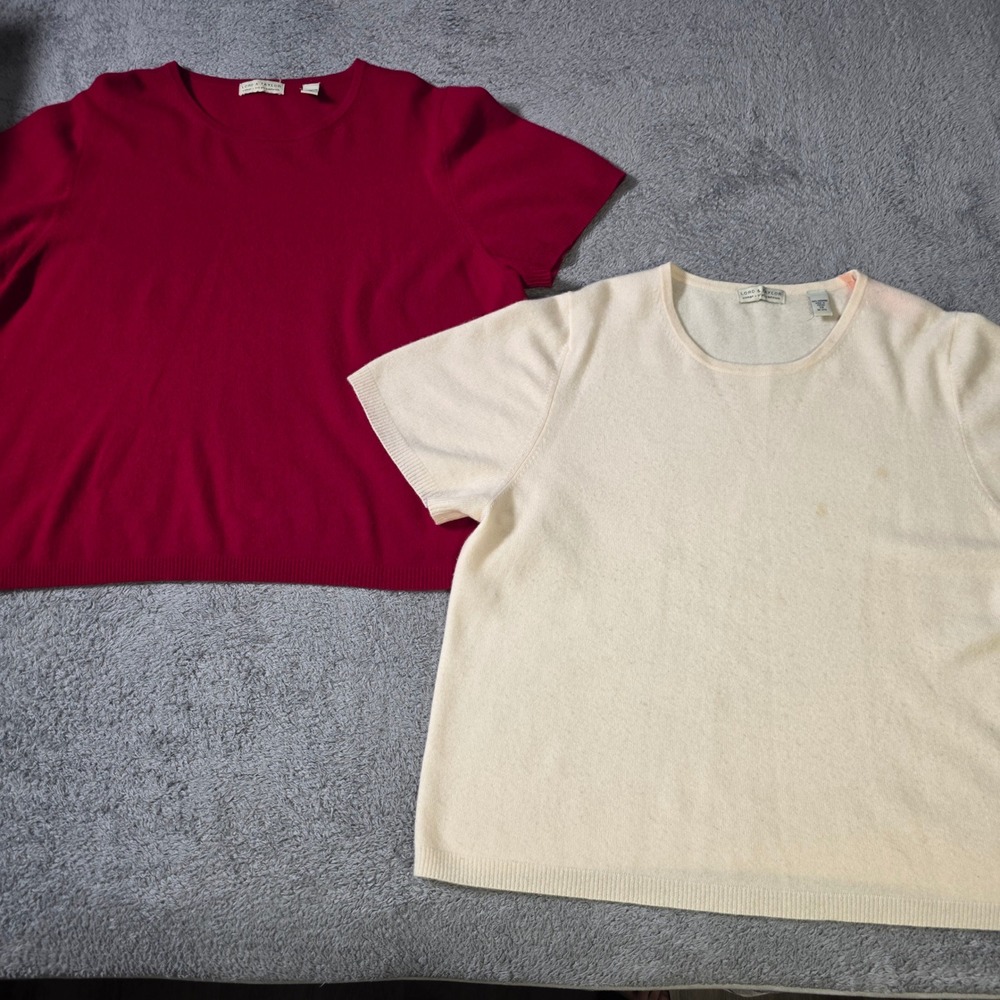 Lord & Taylor Womens 2X Cashmere Sweater Lot Red Cream Short Sleeve Knit Tops